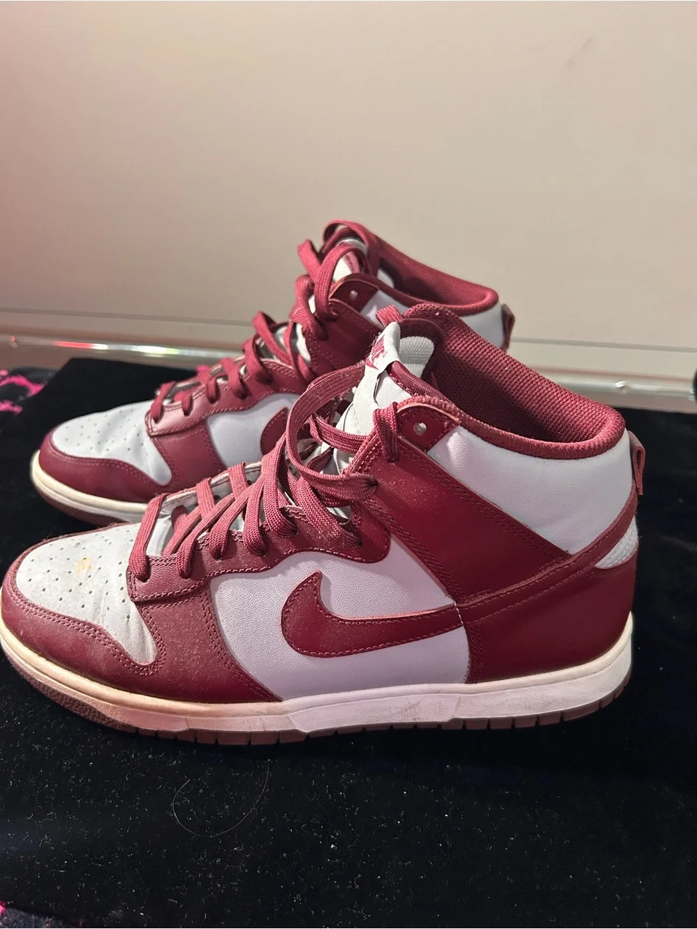 Nike Dunks Maroon and White High-Top Sneakers
